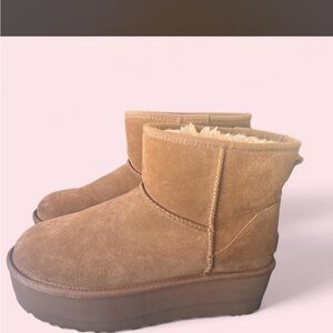 UGG Chestnut Suede Sherpa-Lined Platform Ankle Booties